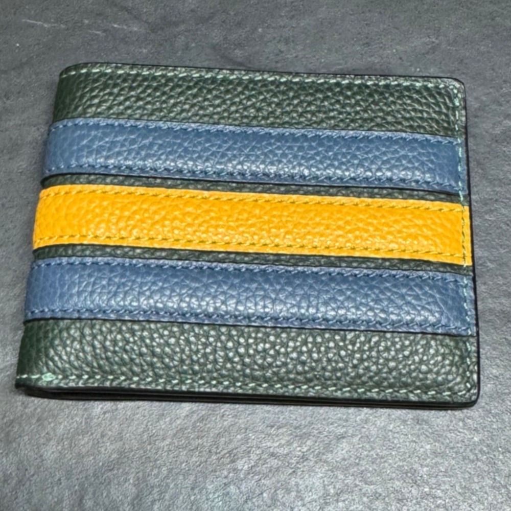 Coach Mens Colorblock Pebbled Leather Bifold Wallet Green Blue Yellow F935